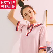 韩都衣舍2018韩版女装夏装新款直筒撞色雪纺短袖连衣裙OY7233焕图片