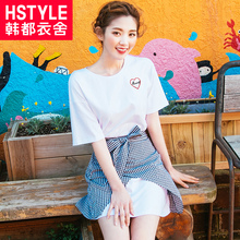 韩都衣舍2018新款女装夏装韩版两件套刺绣格子系带连衣裙CQ7784莀图片