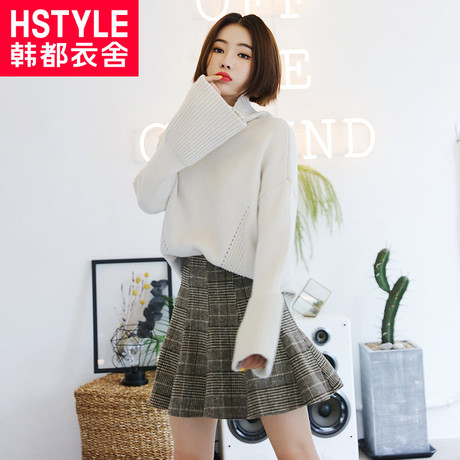 韩都衣舍2018新款女装秋装韩版高腰A字格子毛呢半身裙LZ7910烎商品大图