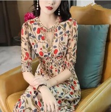 女中长款 2019新款 蕾彩春装 桑蚕丝真丝连衣裙收腰印花a字裙子3337