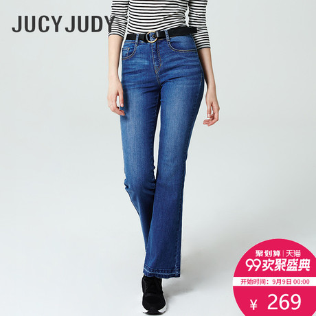 Jucy Judy百家好2017春牛仔裤女直筒微喇叭水洗蓝色长裤JRDP621G商品大图