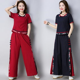 2018春装新款中国风女装上衣+裤子两件套棉麻