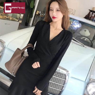 高端定制品牌GPPNKC 2018秋冬款女装名媛气质V领长袖开叉修身礼服
