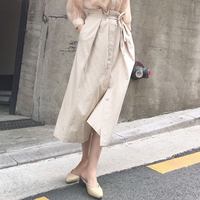 ◆ANNA◆2018夏季新款棉麻系带开叉半身裙中长款高腰裙子气质女装