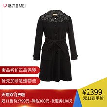 预售 Ports/宝姿 黑色100%羊毛蕾丝拼接饰女士风衣图片