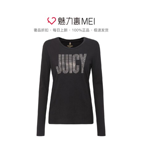 Juicy Couture 黑色全棉圆领字母钉珠夏季女士长袖T恤商品大图