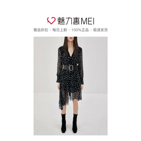 预售 Mo＆Co．/摩安珂 黑色真丝碎花优雅V领女士长袖连衣裙商品大图