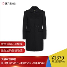 预售 Ports/宝姿 黑色腰部装饰修身长袖大衣图片
