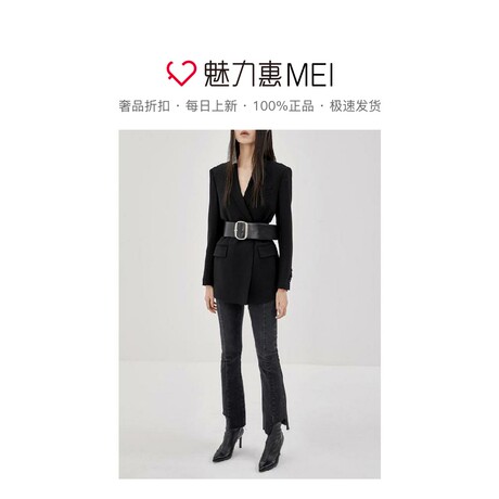 预售 Mo＆Co．/摩安珂 黑色简约翻领长袖金属系带女士外套商品大图