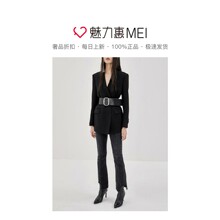 预售 Mo＆Co．/摩安珂 黑色简约翻领长袖金属系带女士外套图片