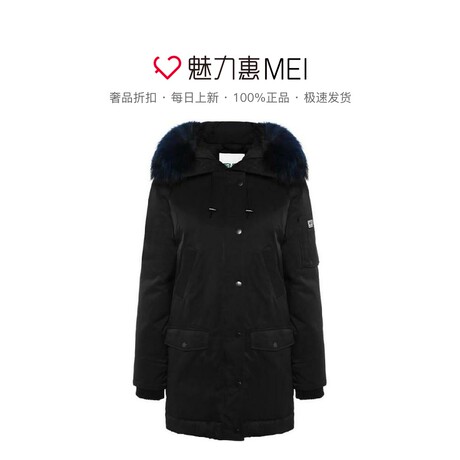 预售 KENZO/高田贤三 黑色白鸭绒连帽长袖中长款女士羽绒服商品大图