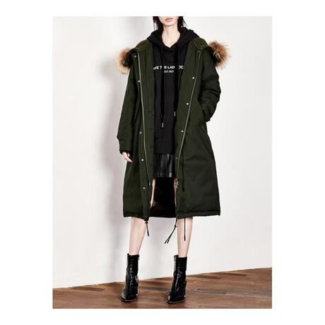 预售 Mo＆Co．/摩安珂 暗绿色貂毛连帽女士羽绒服商品大图