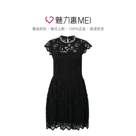 Juicy Couture 黑色蕾丝镂空圆领短袖女士连衣裙商品大图