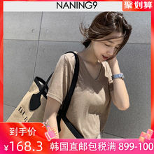 T恤 潮秋韩版 女装 宽松V领微透薄亚麻短袖 2019新款 naning9韩国代购