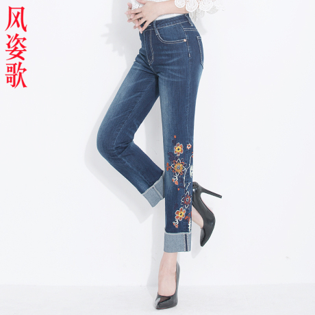 风姿歌 2018夏季刺绣翻边小直筒绣花牛仔裤女弹力九分裤有大码625商品大图