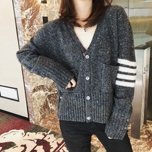 经典撞色四条杠~明星同款~ TB开衫 花灰羊毛粗线毛衣外套针织衫