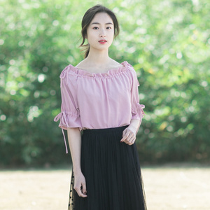 一字领雪纺衫女宽松上衣