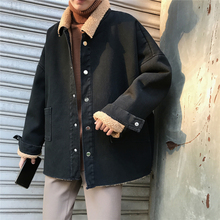 加绒翻领宽松牛仔棉服纯色羊羔毛外套男潮 旋律风车冬季棉衣男韩版