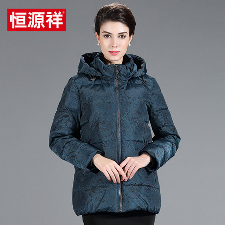 恒源祥2018冬季季中年女士羽绒服短款妈妈装可脱卸帽冬装厚外套女商品大图
