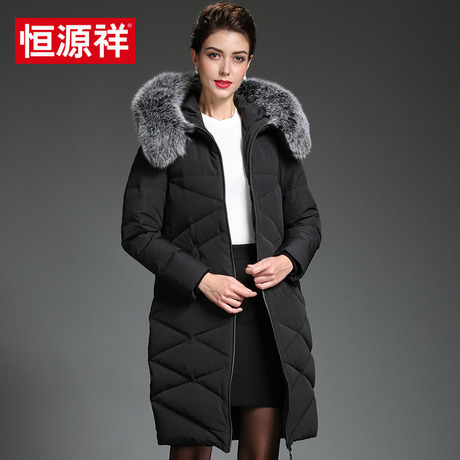 恒源祥2018冬季新款纯色简约休闲中长款羽绒服女毛领上衣女连帽商品大图