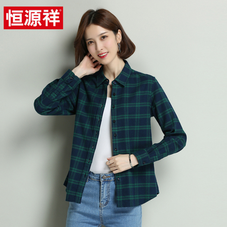 恒源祥格子衬衫女长袖宽松短款2018春秋新款休闲衬衣大码打底上衣商品大图