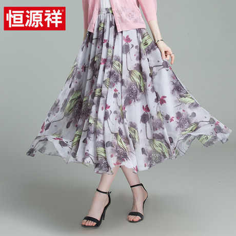 恒源祥雪纺半身裙女中长款2018夏装新款沙滩裙长裙松紧腰碎花裙子商品大图
