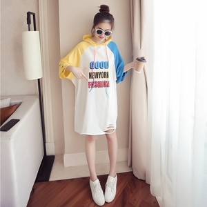 夏季新款ins帽衫中长款bf风时尚女装卫衣薄款拼接卫衣短袖打底衫