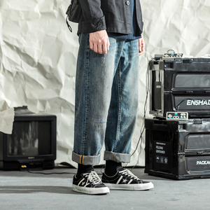 FLWS自制秋冬款简约重工水洗磨破做旧直筒宽松牛仔裤男潮FSB07