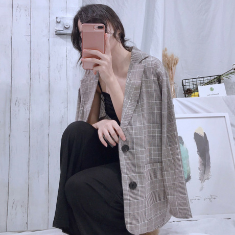 秋季女装新款韩版薄款chic西装宽松休闲格子复古西服外套长袖上衣商品大图