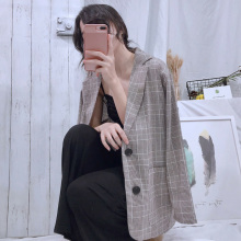秋季女装新款韩版薄款chic西装宽松休闲格子复古西服外套长袖上衣图片