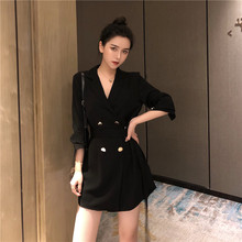 秋装2018新款韩版复古长袖西装外套女装气质收腰中长款黑色裙子潮图片