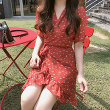 新款 2018夏季韩版 甜美收腰系带V领碎花印花雪纺荷叶边连衣裙显瘦
