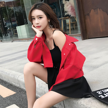 红色牛仔外套女宽松2018秋季新款韩版女装bf短款学生长袖夹克上衣图片