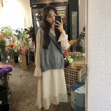 针织马甲外搭 蕾丝拼接v领中长款 韩版 连衣裙女 气质喇叭袖 秋季新款