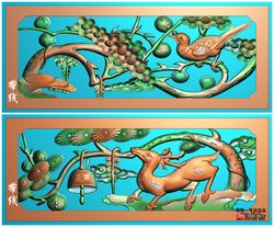 一号店精雕图花鸟精雕图HN-052松树鹿梅花鸟桃花抽屉围板2张带线