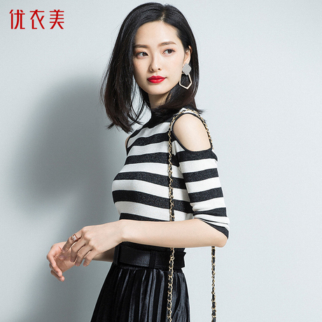 优衣美秋装女2018新款时尚条纹套头针织衫女七分袖上衣TQ8T14387T商品大图