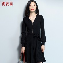优衣美针织连衣裙女秋冬韩版2018新款灯笼袖秋冬季长袖中裙T32958图片