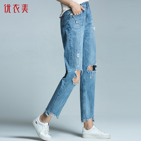 优衣美女装2018夏韩版脚口毛边破洞裤子修身直筒九分牛仔裤26350商品大图