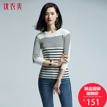 优衣美女装2018秋季新款条纹打底衫显瘦弹力撞色针织衫女14356图片