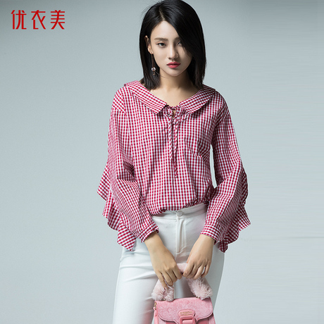优衣美女装2018秋季新品红色格子上衣女宽松荷叶边长袖衬衫13577商品大图
