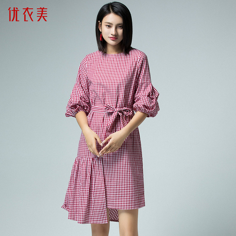 优衣美女装2018秋季新品红白格圆领高腰七分袖不规则连衣裙32899商品大图