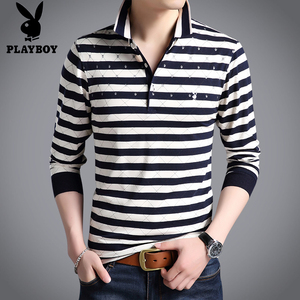 花花公子春季男士纯棉翻领长袖t恤青年韩版大码男薄款条纹polo衫