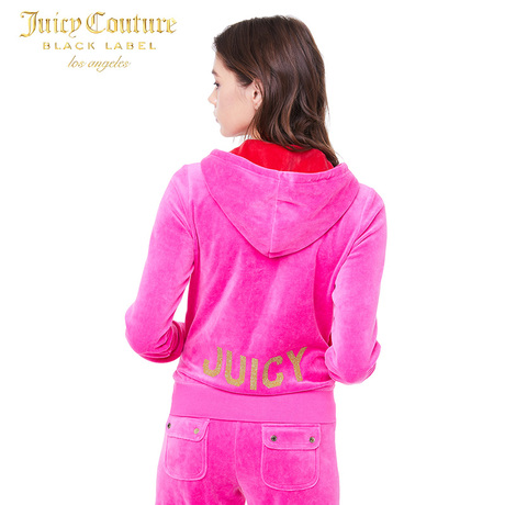 Juicy Couture亮粉字母图案装饰休闲天鹅绒连帽卫衣外套商品大图