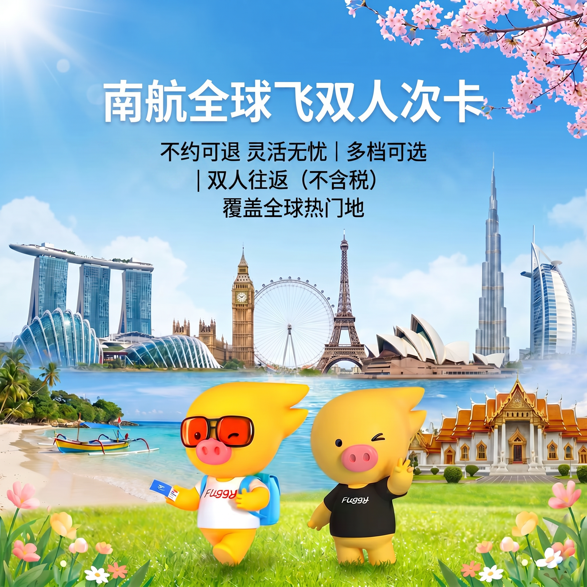 南航全球飞双人经济舱往返不含税次卡