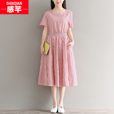 2018新款夏装初中学生韩版文艺小清新格子长裙少女潮短袖连衣裙子