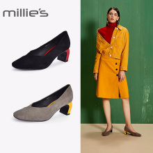 浅口女单鞋 millie 妙丽春秋专柜同款 绒面粗高跟奶奶鞋 S3316CQ8