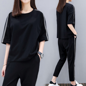 2019夏季新款女装大码时尚运动套装两件套九分裤纯棉休闲套装女春