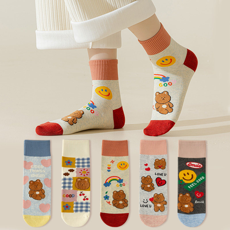 无骨袜子女春夏季纯棉底中筒袜可爱卡通长袜ins潮学生运动防臭袜