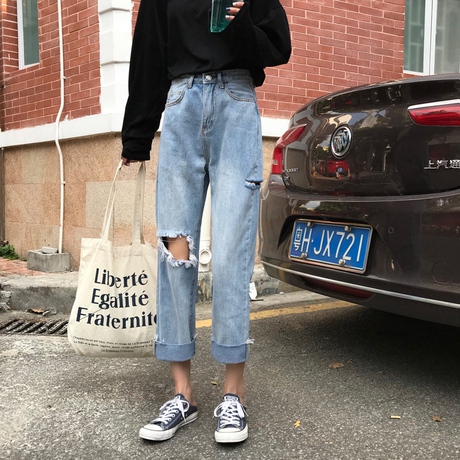 夏季女装韩版宽松水洗破洞显瘦卷边牛仔裤高腰阔腿裤直筒裤九分裤商品大图