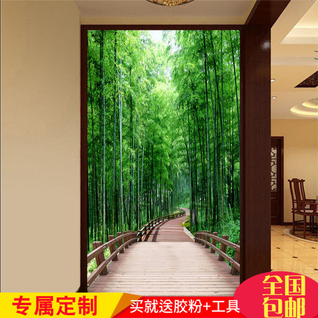 3d立体风景玄关大型壁画竹林小桥古道墙纸走廊过道客厅墙壁纸壁布